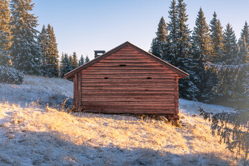 The farmhouse of the abandoned Vindflosetra summer farm of the Totenåsen Hills, Norway, November 2025.