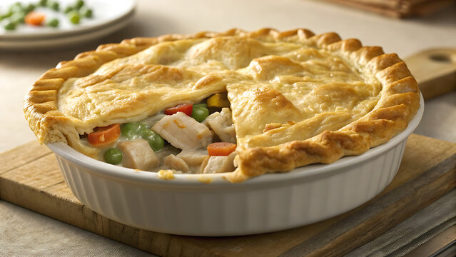 Delicious homemade chicken pot pie with flaky golden crust, served in a white baking dish on a rustic wooden board, a slice removed showing filling - Powered by Adobe