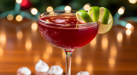 A red cocktail with ice and lime garnish sitting on a table with christmas lights in the background