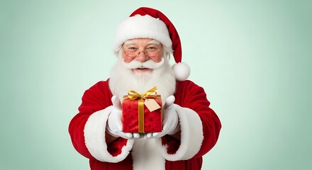 Smiling Santa Claus in a red suit holding a small Christmas gift box with a gold ribbon.