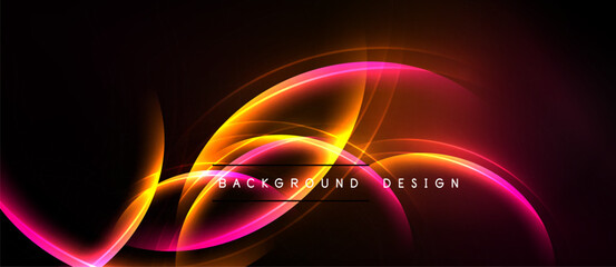 Abstract design features vibrant curves, glowing lines. Dark background enhances bright orange, pink hues. Modern aesthetic.