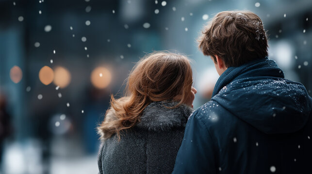 Two faceless individuals together amid falling snowflakes defocused blurred winter background couple in precipitation romantic cold weather scene shared seasonal moment - Powered by Adobe
