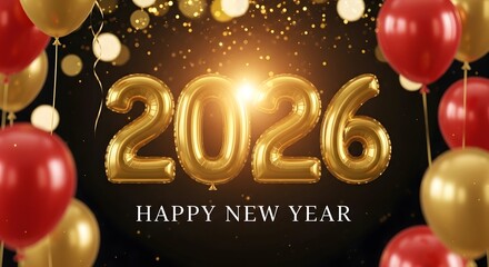Golden 2026 balloons with red and gold balloons for new year celebration