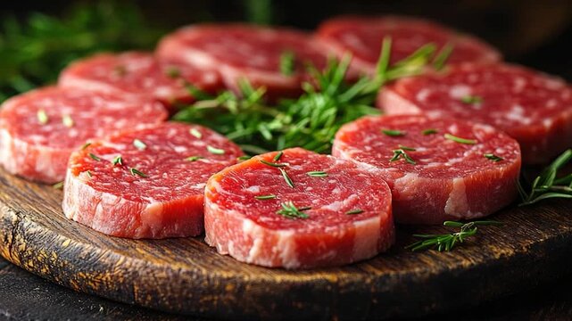 Fresh meat arranged on a kitchen counter, perfect for a chef's presentation or recipe demonstration