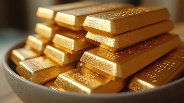 A bowl filled with shiny gold bars sitting on a table, ideal for financial or luxury-themed designs