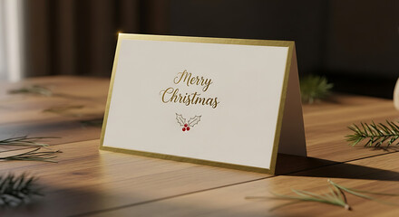 A christmas card with gold trim and merry christmas text on a wooden surface with pine needles