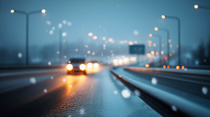Naklejka premium Motorway in heavy snowfall with atmospheric haze faceless highway scene defocused foggy background poor viewing distance winter dangerous conditions travel visibility hazard