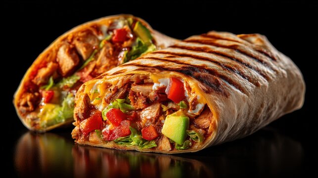 hyperrealistic close-up of delicious juicy grilled burito 