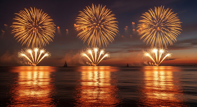 Spectacular fireworks display illuminates the water at dusk with brilliant reflections - Powered by Adobe