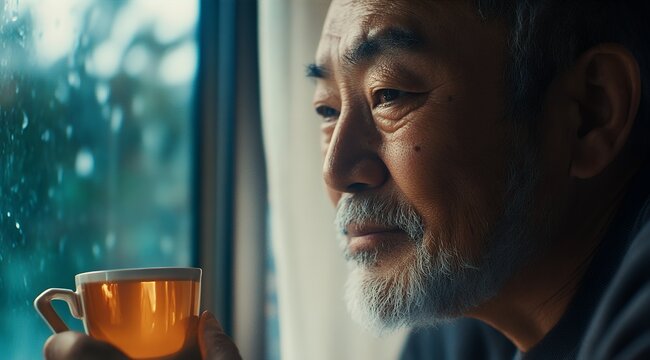 An elderly man enjoys a quiet moment with a cup of tea, gazing out the window on a rainy day