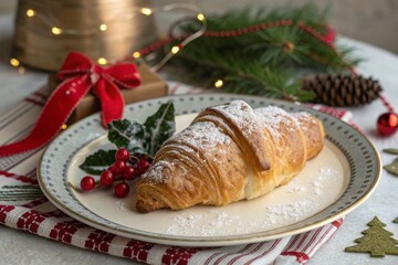 Croissant on plate with Christmas decoration.