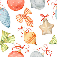 Watercolor hand-drawn seamless pattern with Christmas decoration elements - baubles, elegant red, green striped bows isolated on white background. New year wallpaper ball, star, cone, bow