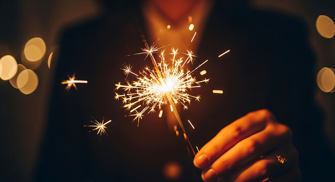 Person holding a bright sparkler with bokeh lights in the background creating a festive atmosphere