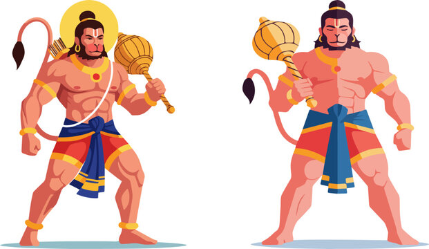 Dual Hanuman Ji Powerful Flat Vector Illustration.