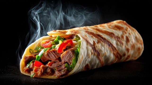 hyperrealistic close-up of delicious juicy grilled burito 