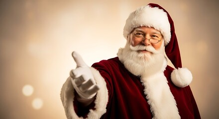 Portrait of a jolly Santa Claus with a white beard smiling warmly and extending his hand in a welcoming gesture.