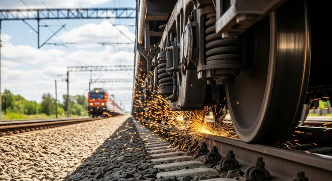 Sparks fly as train wheels grind on the tracks during a railway repair