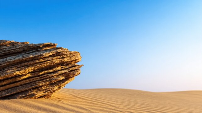 Serene desert landscape with layered rock formation under a clear blue sky at sunset