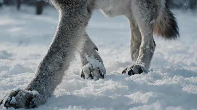 An image of a wolf walking in the snowy environment, showing its paws close-up 