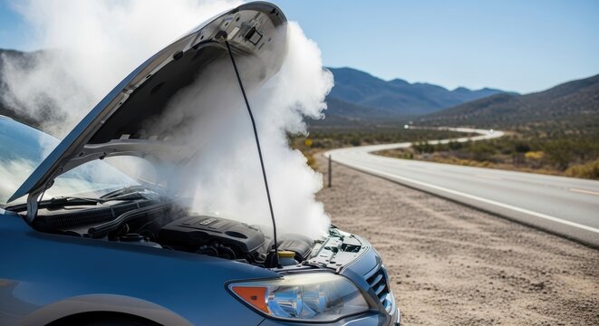 Car overheating on the side of the road with steam coming from hood