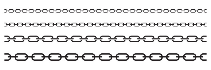 Set seamless chain link. Different chains silhouette black and white isolated on background. Chainlet line design elements. Dangling chain links set design. Vector set of black lines of chain.