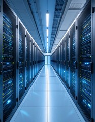 A high-tech data center filled with towering server racks, glowing LED indicators, and cool blue lighting, creating a futuristic atmosphere of digital power, precision, and nonstop information flow.!!