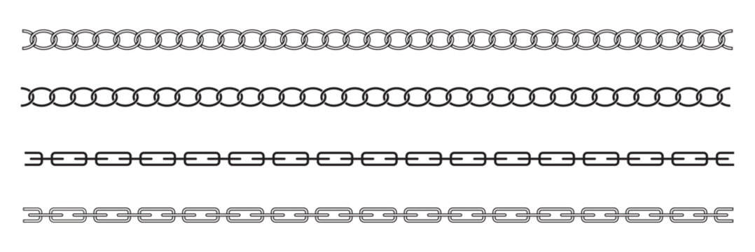 Set seamless chain link. Different chains silhouette black and white isolated on background. Chainlet line design elements. Dangling chain links set design. Vector set of black lines of chain.