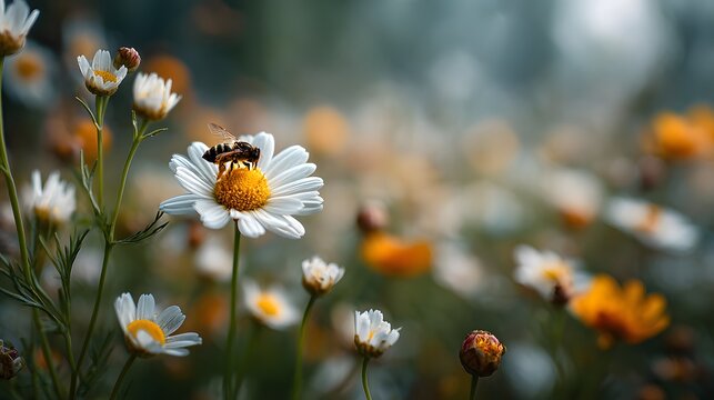 Bumblebee collecting pollen on white daisy in spring meadow.

Macro close-up of bumblebee resting on chamomile flower