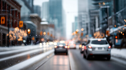 Fototapeta premium Adverse climate circumstances on metropolitan roadway during tempest faceless city street defocused blurred urban background snowstorm conditions winter city driving harsh