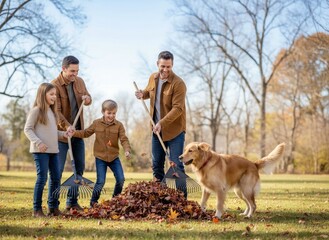 Smiling father, daughter, and son raking vibrant autumn leaves into a large pile in a sunny park, with their happy golden retriever dog nearby