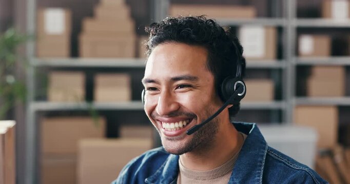 Shipping, man and headset with customer service in small business for order FAQ, logistics or help. Supply chain, agent and talking to client for package tracking, pricing enquiry or delivery status