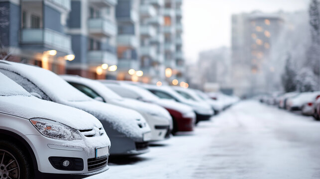 Automobiles blanketed in snow in residential parking facility faceless urban scene defocused soft neighborhood background winter vehicle coverage parking lot storm seasonal