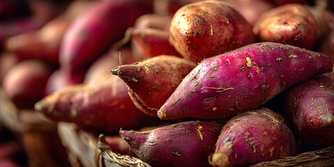 Close-up. macro shot of raw sweet potatoes with moisture

Harvest of sweet potatoes freshly collected from farm