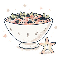 Bowl of salad with berries and starfish on a light background - Concept of Holiday Takeaways  