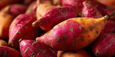 Healthy organic sweet potatoes freshly picked from garden.

Pile of raw sweet potatoes with water droplets on skin