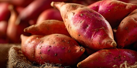 Freshly harvested sweet potatoes with dirt and dew drops.

Natural farm produce of raw sweet potatoes in warm light