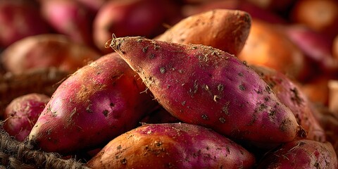 Fresh sweet potatoes with water drops in a wicker basket.

Close-up of organic sweet potatoes with natural moisture
