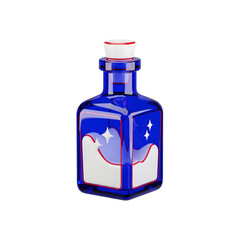 Decorative blue glass bottle with cloud design and red cap  isolated on transparent background	
