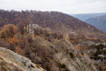 untamed natural scenery, autumnal woodland with rolling hills, remote valley under moody sky and scattered stones, stonestrewn plains with sparse trees amidst layered hills and distant valleys