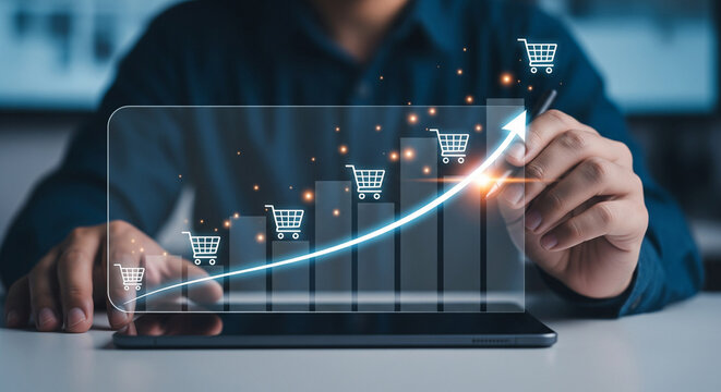 Ecommerce growth analytics showing rising digital sales trends with interactive shopping cart icons, business performance insights, technology optimization and online revenue success visualization