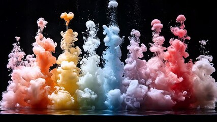 Rainbow Color Ink Plumes Rising Underwater Against a Black Background Abstract Smoke Effect - Powered by Adobe