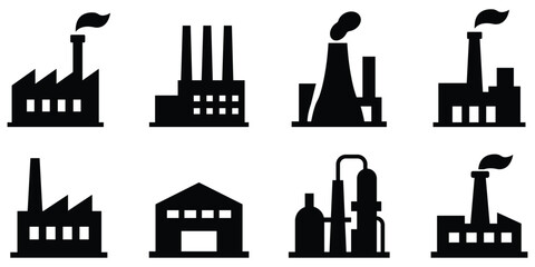Obraz premium Industrial factory building silhouette set, Manufacturing plant and industry structure icons, Black factory skyline with chimney symbols
