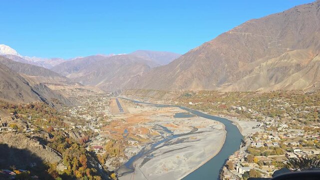 Chitral City View from Hilltop Northern Pakistan Mountain Valley Landscape 4k footage 