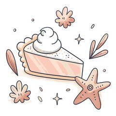 Slice of pumpkin pie with whipped cream and ornamental flowers  