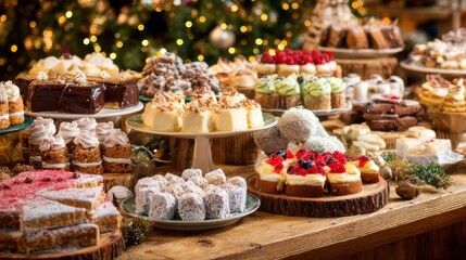 A table full of desserts including cakes, cupcakes, and pastries. The table is decorated with a Christmas tree and other festive decorations