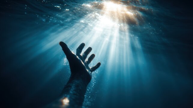 A hand is raised in the air above the water, with the sun shining on it. Concept of hope and positivity, as the hand reaches towards the sky