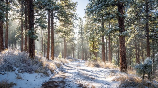 A snowy forest path with trees in the background. The snow is covering the ground and the trees are bare