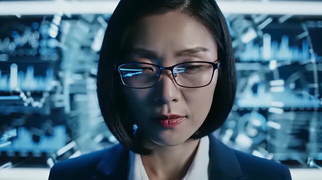 A confident businesswoman wearing glasses and a suit stands in front of a futuristic data visualization backdrop, embodying the concept of Virtual Quality Analysis (VQA) where data driven.