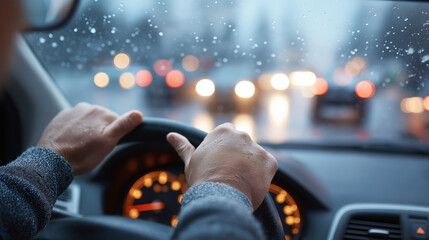 Operator perspective on expressway circulation in foggy conditions faceless driver POV defocused traffic view background rainy slush mixed precipitation driving hazardous