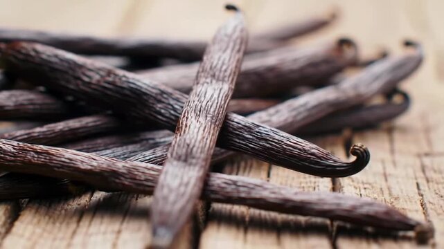 Close-up of vanilla beans arranged on a wooden surface, ready for flavoring desserts